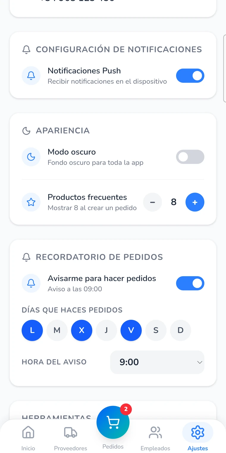 Ajustes con el recordatorio de pedidos