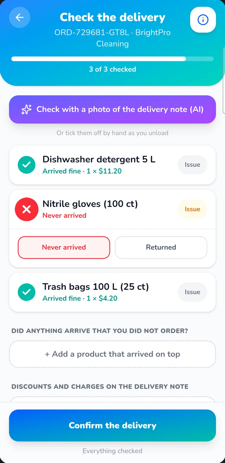 Checking a delivery note item by item