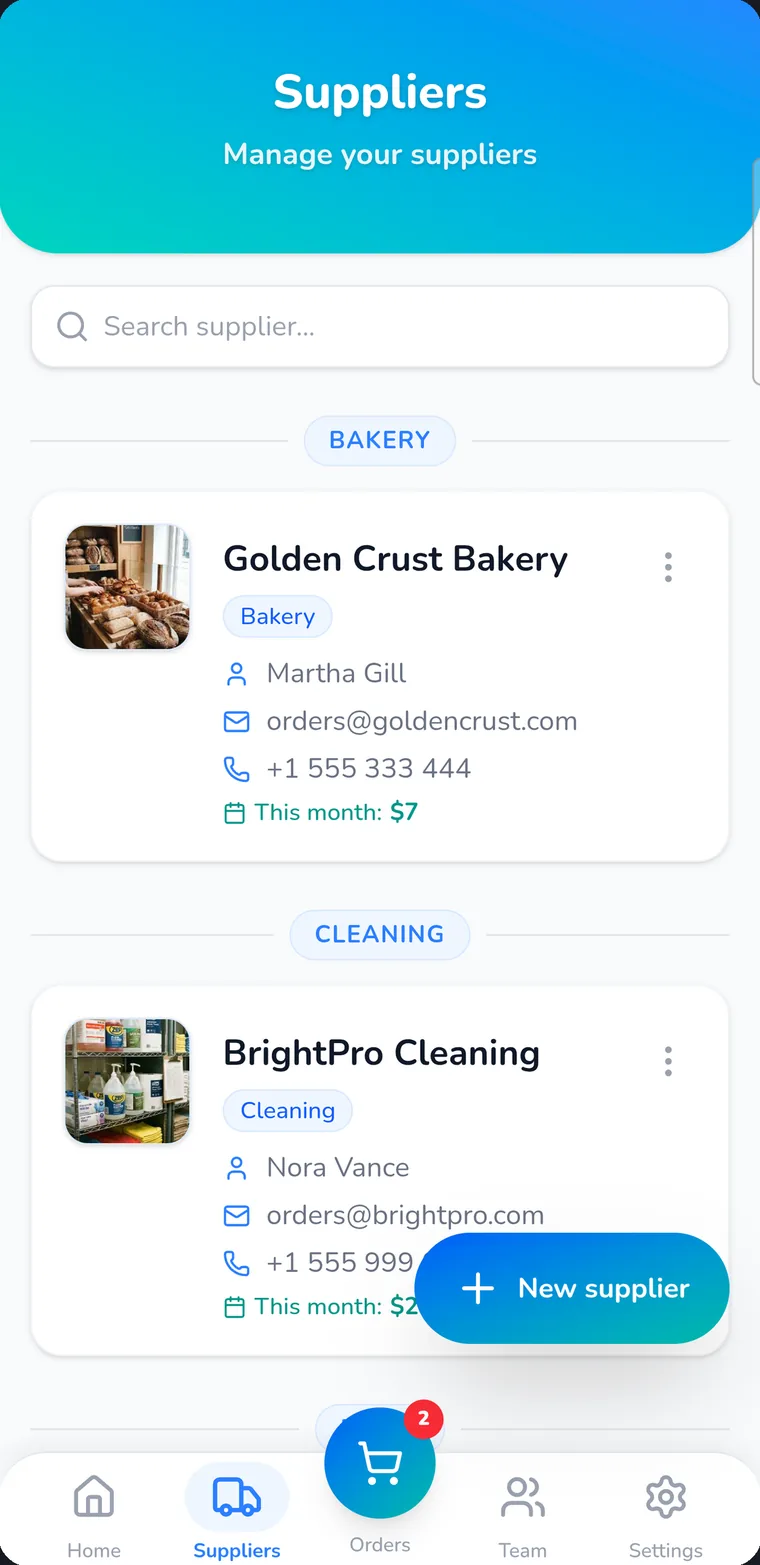 List of suppliers grouped by category