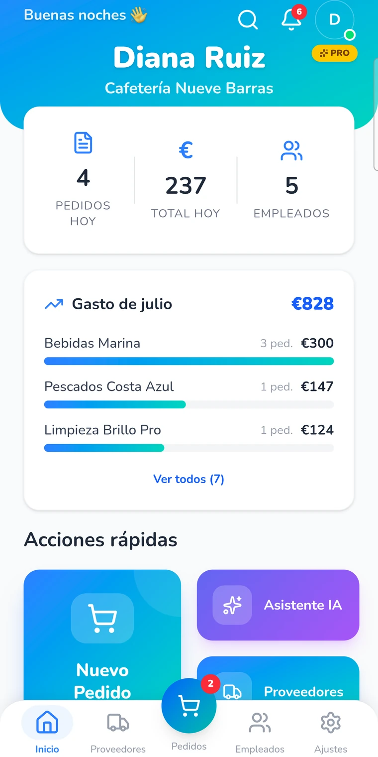 Pantalla de inicio con el gasto del mes por proveedor