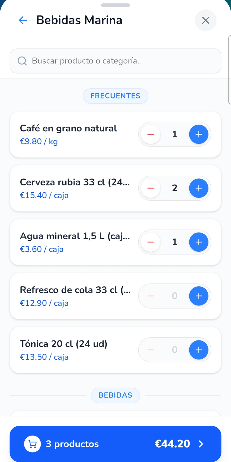 Productos frecuentes con las cantidades del pedido