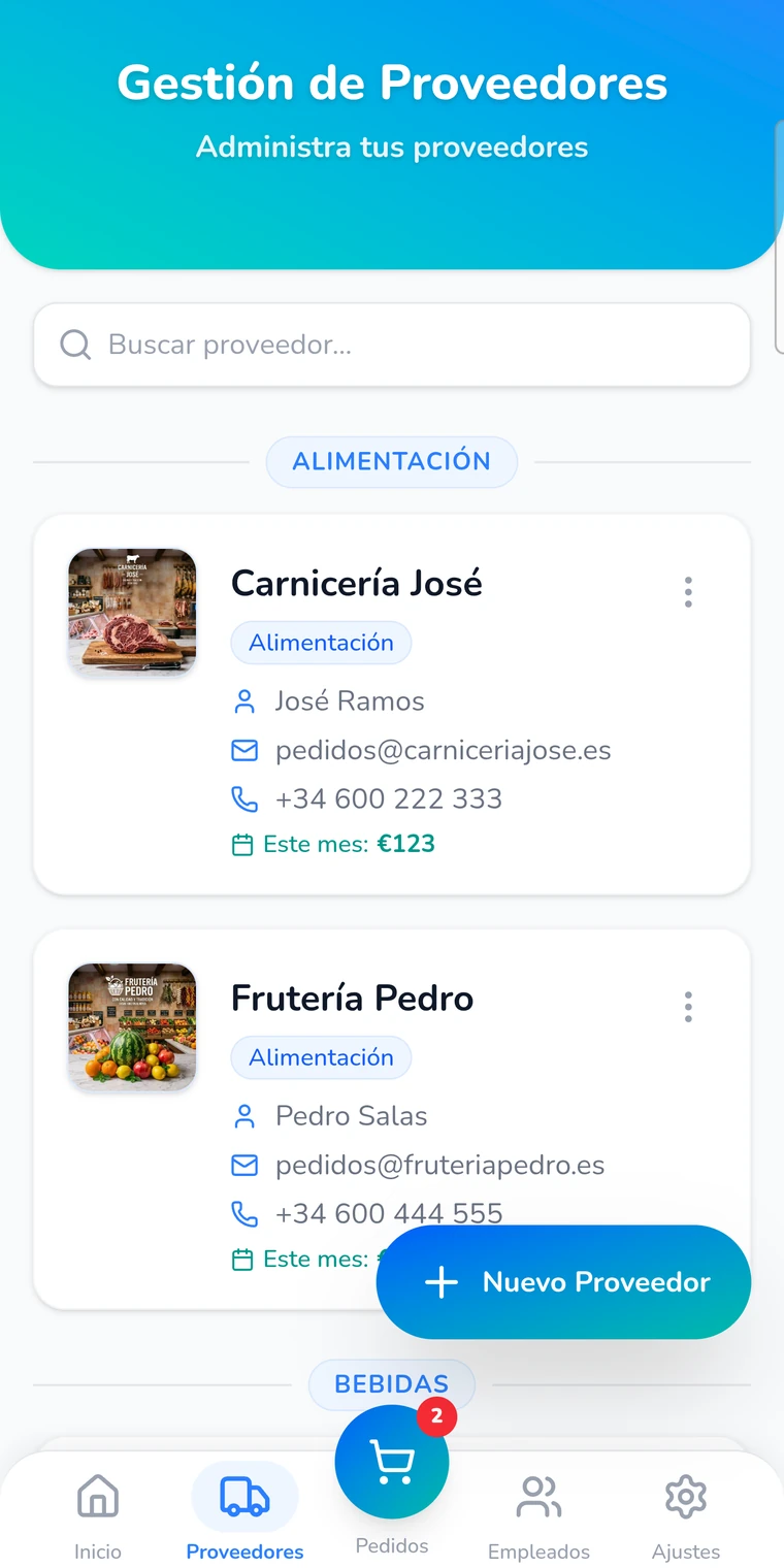 Lista de proveedores agrupados por categoría